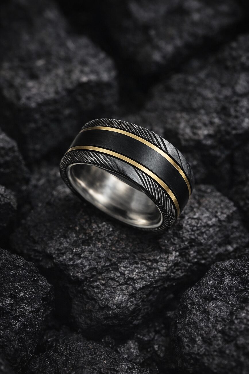Damascus steel & gold band