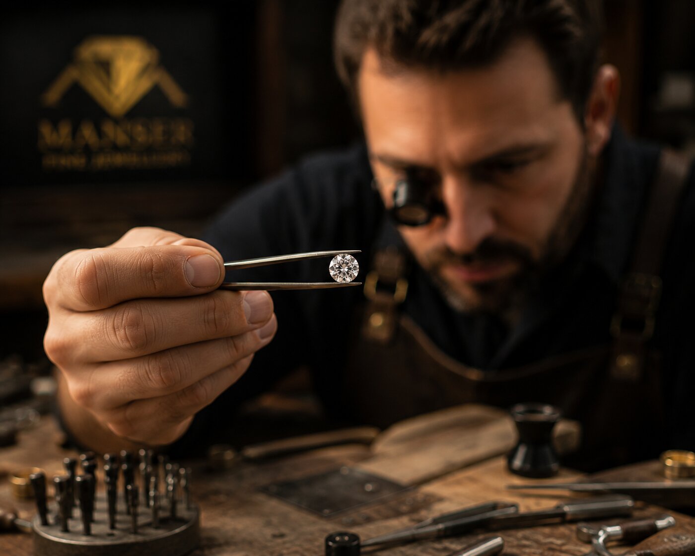 Manser jeweller inspecting a diamond
