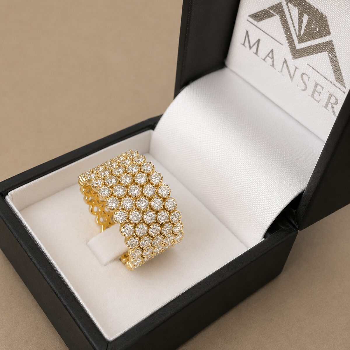 Broad diamond cluster ring, yellow gold