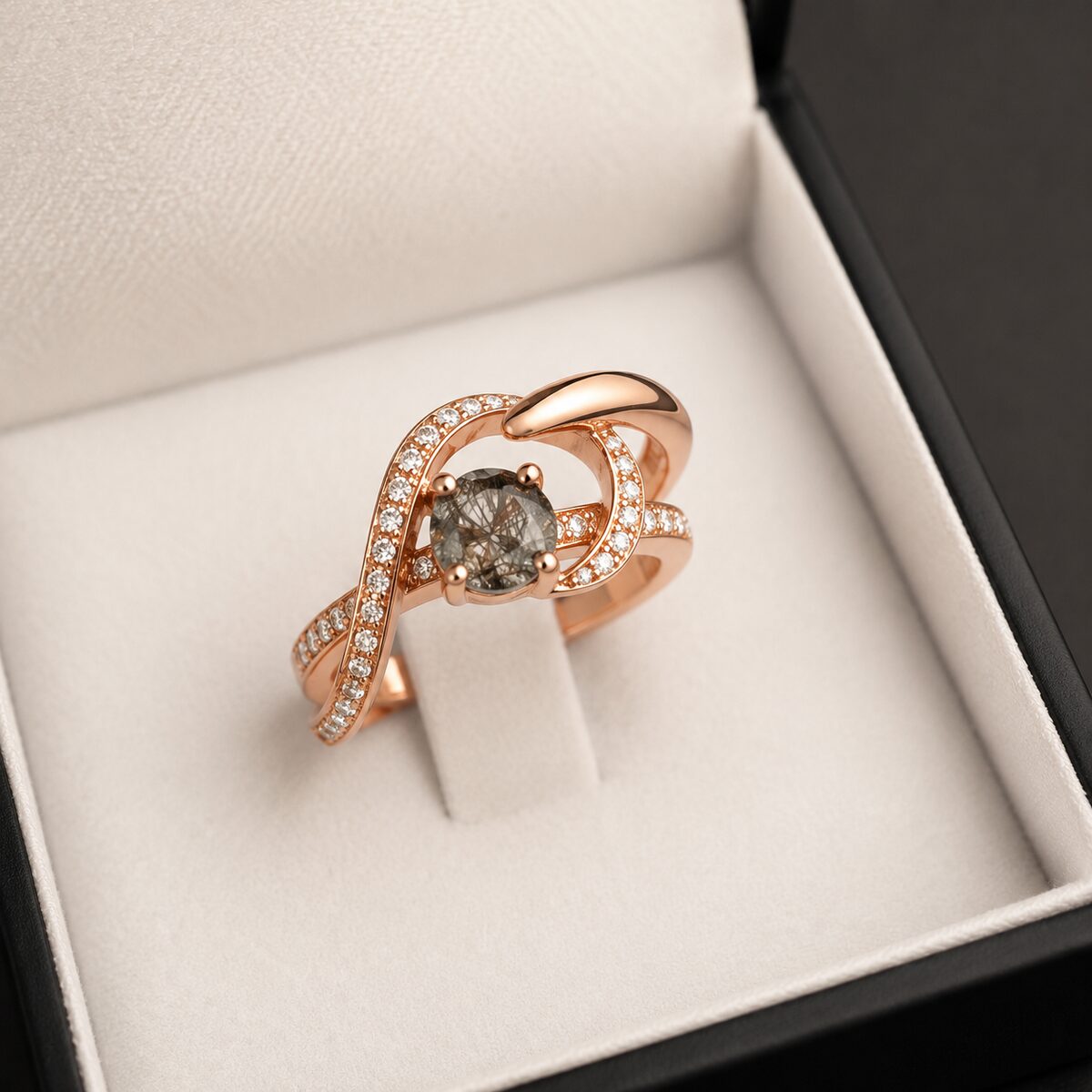 Rutilated quartz knot ring, rose gold