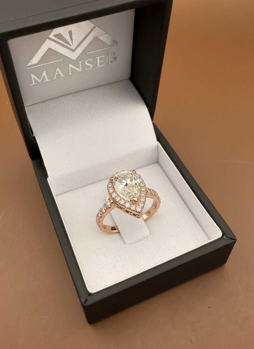 Pear halo ring, rose gold