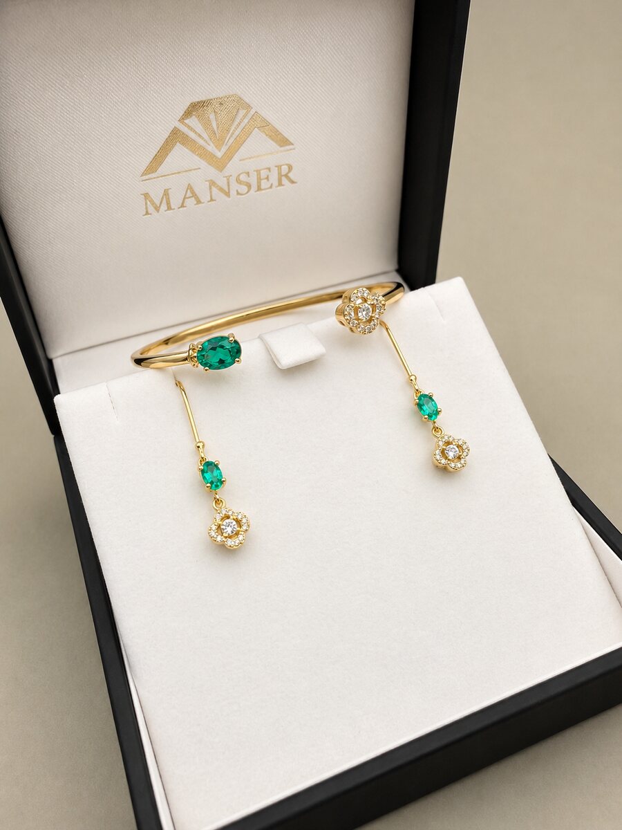 Emerald bangle & drop earring set, gold