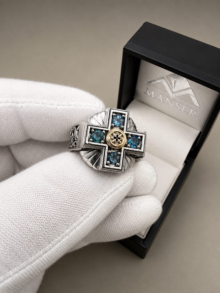 Blue topaz cross ring, silver & gold