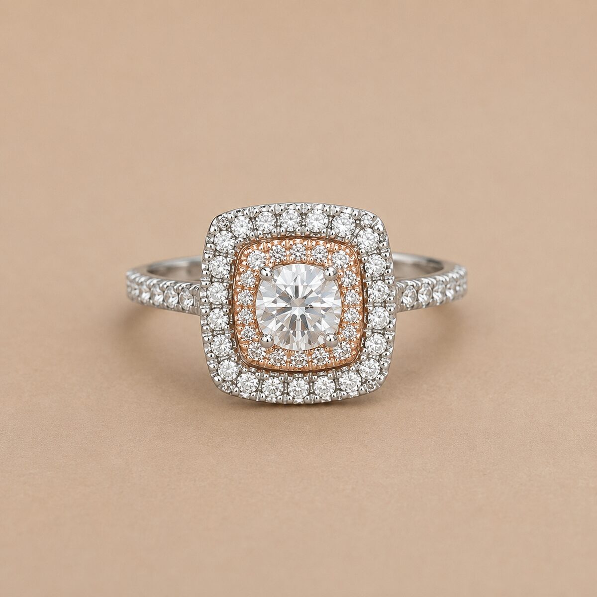 Cushion double-halo ring, white & rose gold