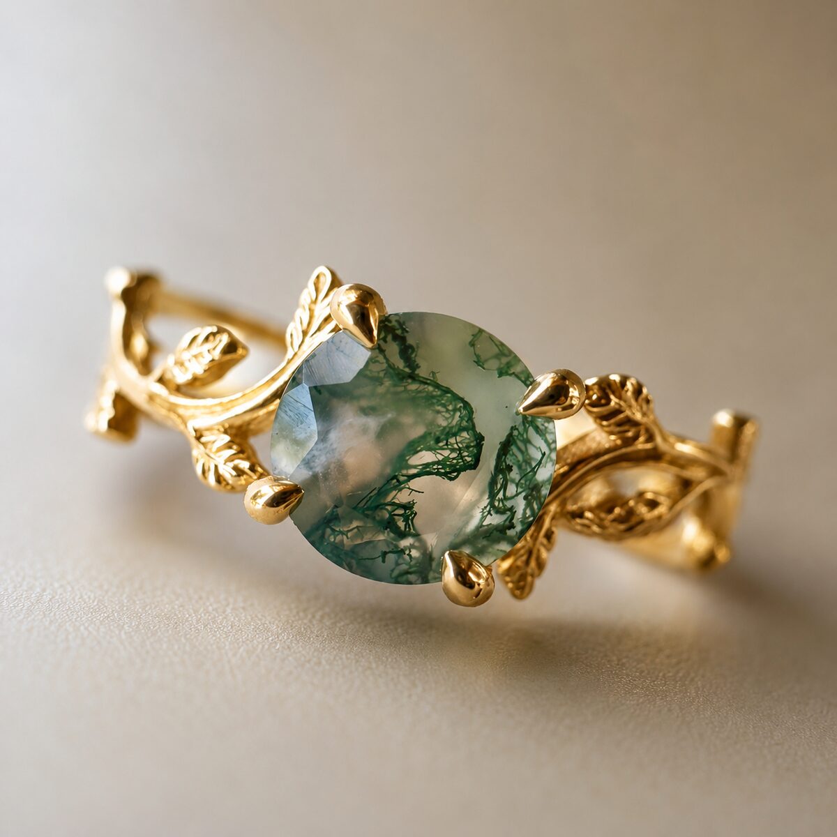 Moss agate solitaire, gold leaf band