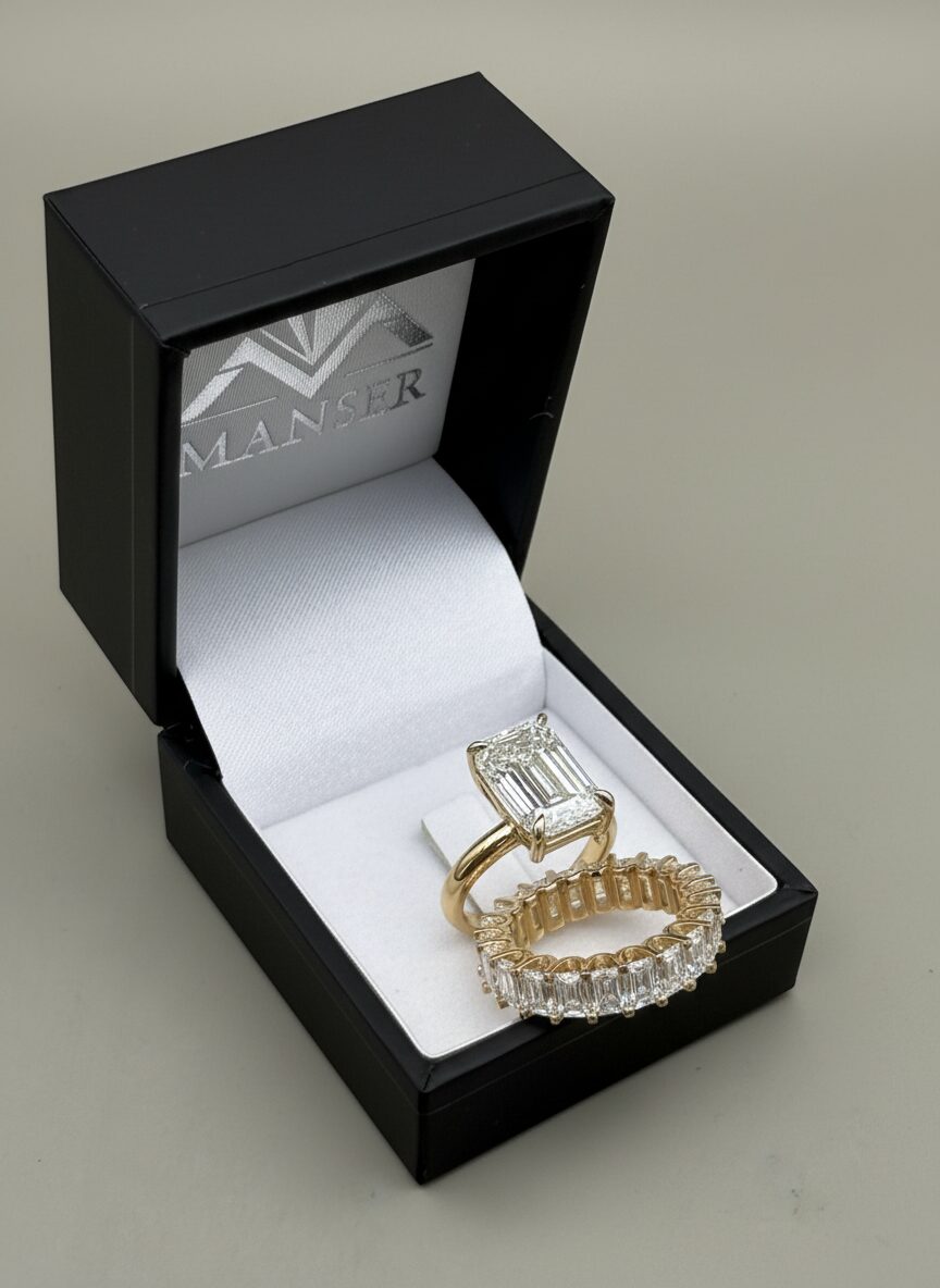 Emerald-cut solitaire & eternity set