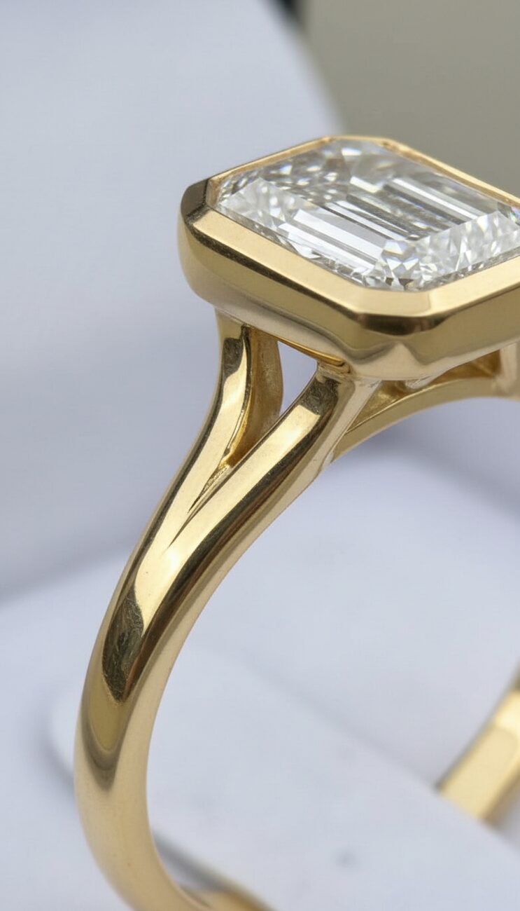 Emerald-cut bezel solitaire, 18ct gold