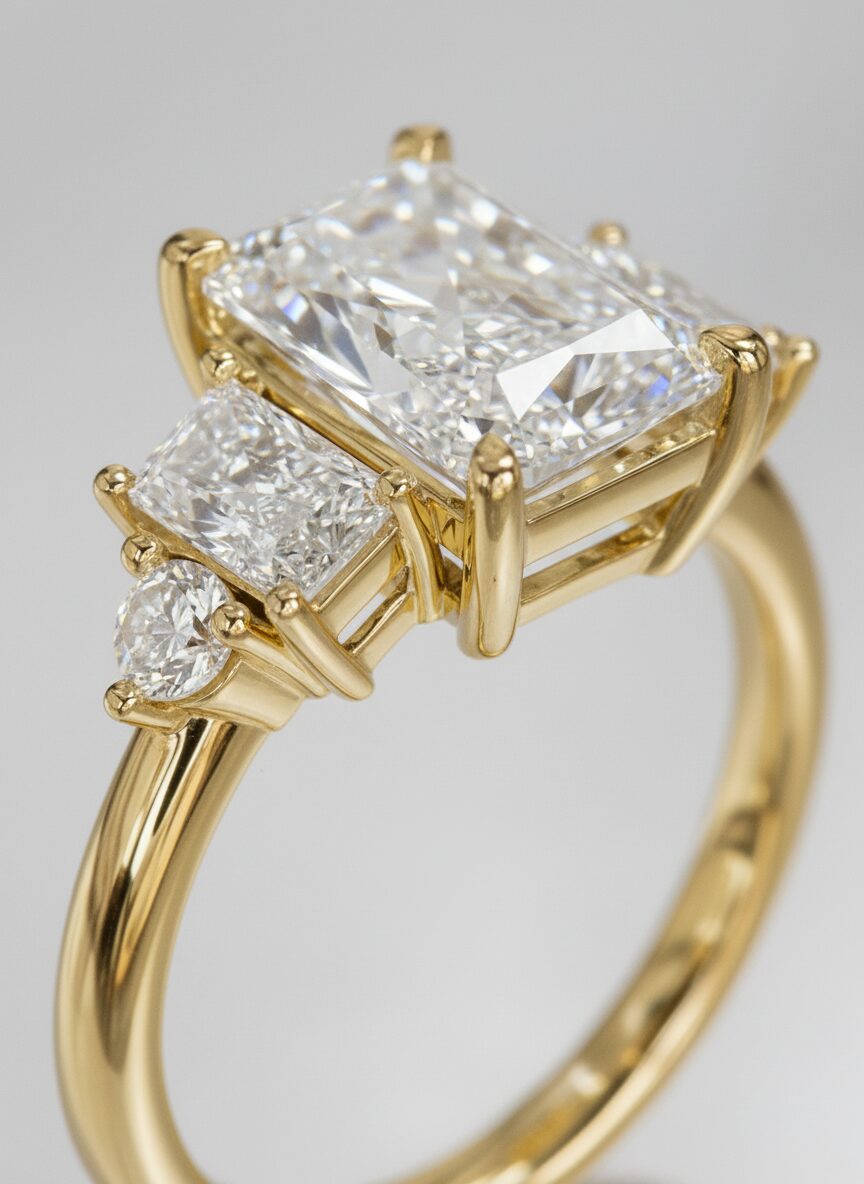 Radiant-cut three-stone ring, 18ct gold