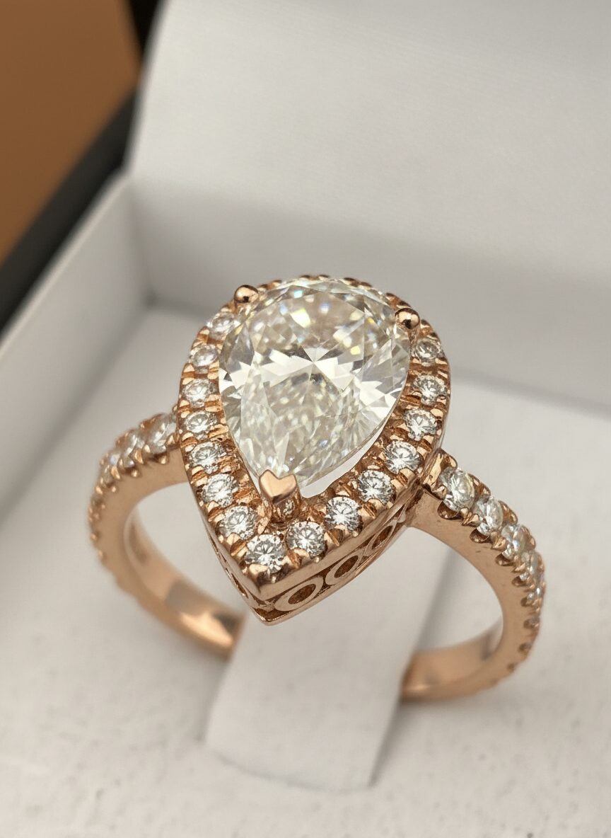 Pear halo ring, rose gold