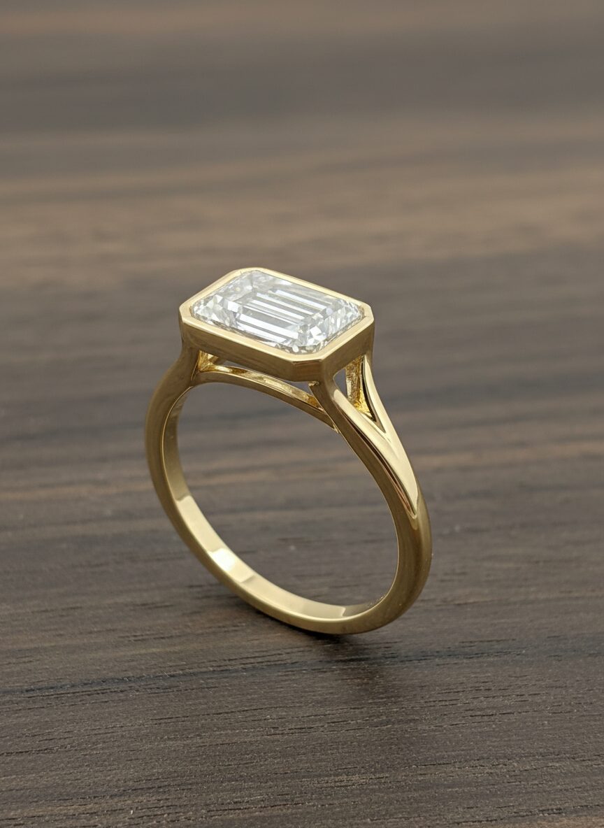 Emerald-cut bezel solitaire, yellow gold