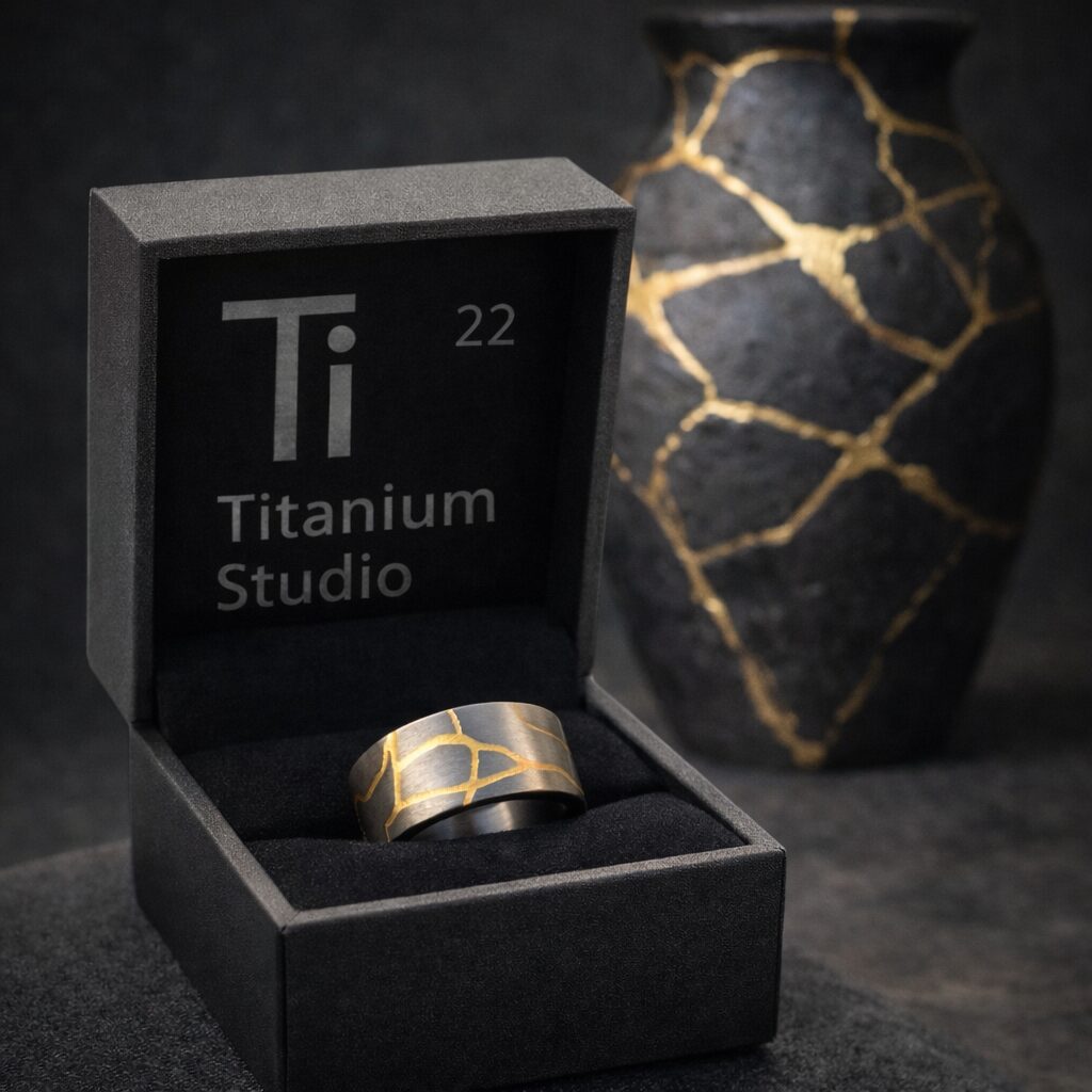 Titanium kintsugi band, gold veins