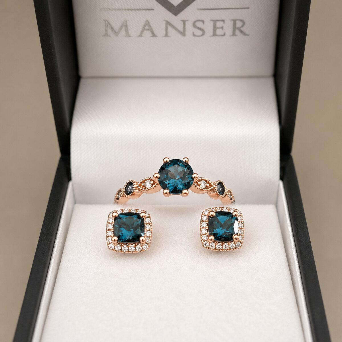 London blue topaz ring & earring set, rose gold