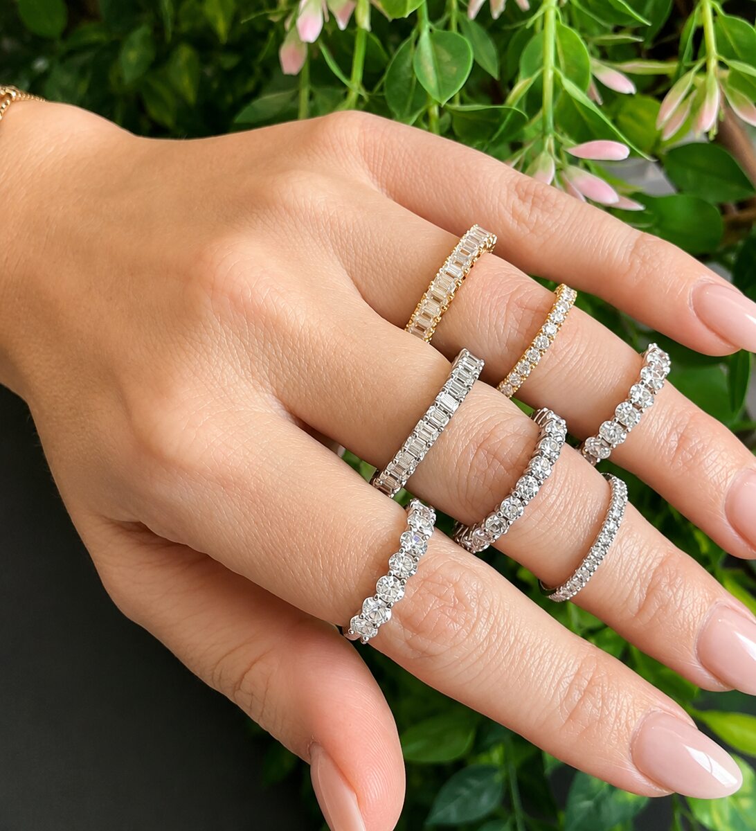 Diamond eternity bands, worn