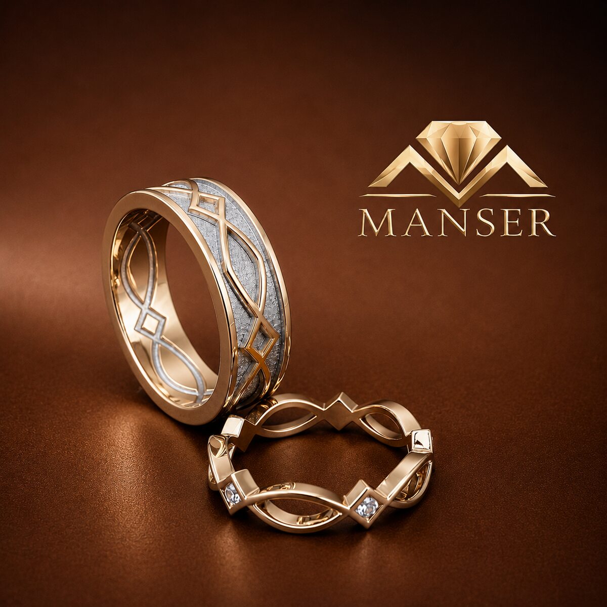 His & hers patterned band set, two-tone gold